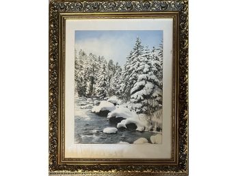 Winter Landscape Print In Ornate Gold Tone Frame (as Is)