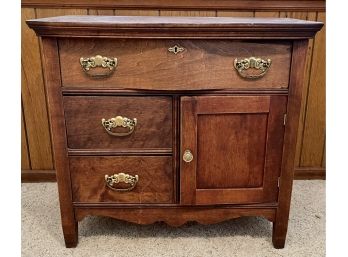 Antique Small Oak 3 Drawer, One Cabinet Side Board With Original Brass Pulls