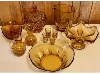 Collection Of Amber Glassware - Lidded Candy Dish, Pitcher, Bowls, Shot Glasses, Vases