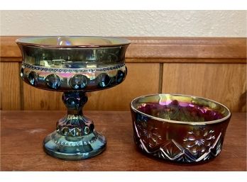 Imperial Carnival Glass Bowl With Floral Motif And Imperial Carnival Glass Compote