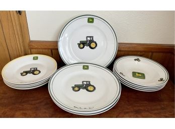 John Deere By Gibson Tractor And Logo Dishware - (4) Dinner Plates, (4) Green Salad Bowls, (4) Yellow Bowls