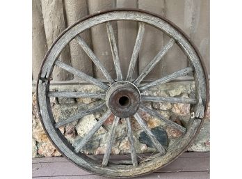 Antique Primitive Wood And Metal Wagon Wheel With Hubs