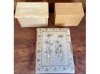 (2) Vintage Wood File Card Hedges And Kamenstein Boxes And An Antique Celluloid Photograph Album