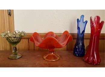 (4) Mid Century Art Glass Compotes And Vases - Assorted Colors