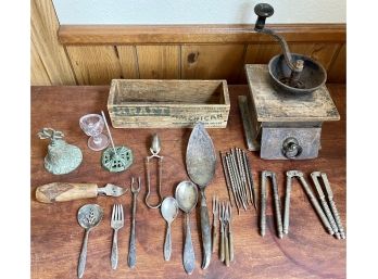 Antique Coffee Grinder (as Is), Metal Bell, Victorian Invoice Stand, Craft American Cheese Box, And More