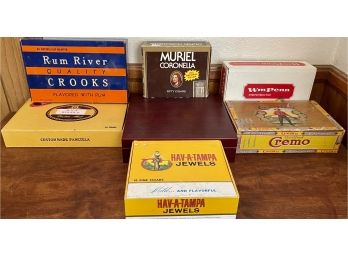 Vintage Wood Humidor Cigar Box And Assorted Paper Cigar Boxes - Cremo, Hav-a-tampa, Muriel, Panetela, And More