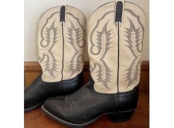 Pair Of Tony Lama Size 11 EE Black And Tan Stitched Leather Cowboy Boots