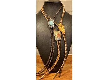 (3) Vintage Bolo Ties Southwestern Style Goldstone  - Faux Turquoise And Resin Arrowhead