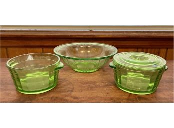 Collection Of Uranium Green Depression Glass Bowls (1) Lidded