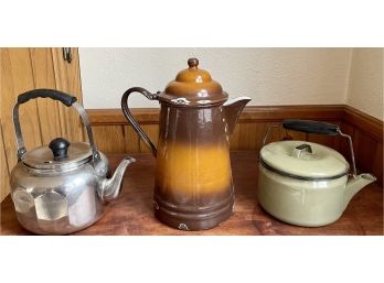 Collection Of Mid-century And Antique Teapots - Brown And Green Enamel Wear (as Is), And Farberware Stainless