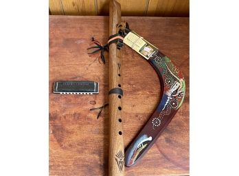 High Spirits USA Flute With Australian Hand Painted Boomerang And International Plastic Harmonica