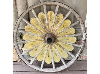 Antique Primitive Wood And Metal Wagon Wheel With Decorative Wood Spokes And Metal Hubs