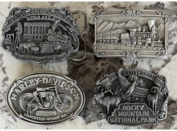 (4) Assorted Pewter Belt Buckles - Rocky Mountain National Park, Harley-davidson, Railroad, & More