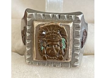 Mid Century Men's Mexico Souvenir Ring Aztec Warrior With Blue Enamel Size 12.5