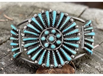 Vintage Zuni Petite Point Sterling Silver And Turquoise Cuff Bracelet - Signed V. Wallace