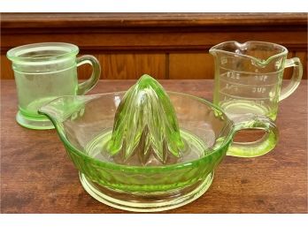 Vintage 1930's Uranium Depression Glass Measuring Cup, Juicer, And Mug