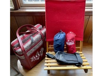 Portable Chair, (2) Rodeo Bleacher Cushions In Vinyl Case, (2) Portable Raincoats In Bags(1) Wool Rich