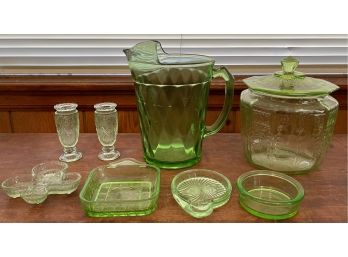 Collection Of Vintage Depression And Uranium Glass - Jar, Bud Vases, Coasters, Pitcher, And Bowls