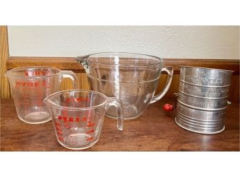 Collection Of Anchor Hocking, Pyrex - Pyrex 1 Cup And 2 Cup, Anchor Hawking 8 Cup, Flour Sifter