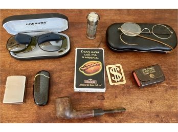 Vintage Men's Dresser Lot - Kaywoodie Smoking Pipe, Gold Filled Glasses, Cocoons, Metal Match Box, And More