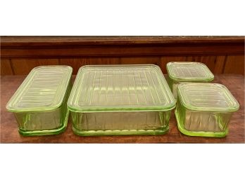 Set Of 1930's Hazel Atlas Green Is Uranium Depression Glass (4) Containers With Lids Refrigerator Dishes