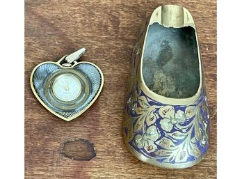 Vintage Caravelle Enamel Locket Watch And Brass And Enamel Shoe Ash Tray