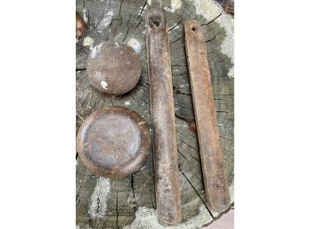 Collection Of Primitive Solid Steel Counter Weights, Ball, And Disc