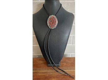 VIntage Large Sterling Silver And Coral Navajo Bolo Tie With Braided Leather Tie And Silver Tips