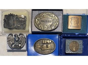 (6) Assorted Belt Buckles - MFA Insurance - Nebraska - Eagle - Barry - International Power Project & More