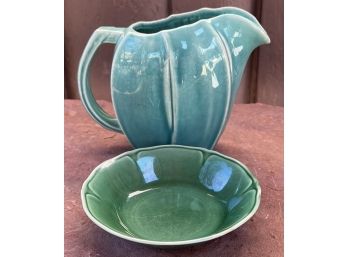 Antique McCoy USA Pottery Pitcher And Vintage Green Pottery Bowl