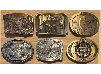 (6) Brass & Pewter Belt Buckles - Colorado, Kansas, Nebraska, & Texas