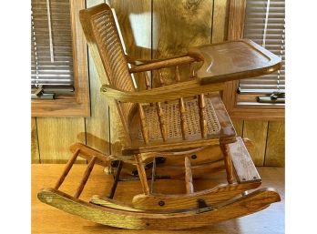 Antique Solid Oak, Metal And Cane Seat And Back High Chair That Converts Into Rocker