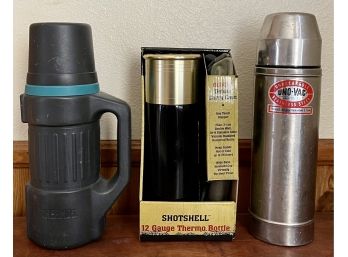 12 Gage ShotShell Thermo Bottle, Uno-vac Stainless Steel Thermos, And Plastic Thermos