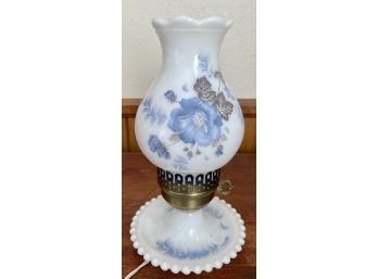 Vintage Vintage Milk Glass Table Lamp - Works - Painted Blue Flowers (1 Of 2)