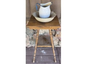 Antique Wood Side Table With Enamel Ware Pitcher And Wash Basin