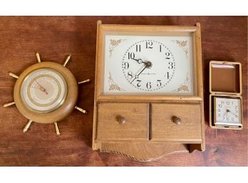 Taylor Stormoguide Barometer, Seth Thomas Travel Clock, General Electric Wood Wall Clock With Storage Drawer