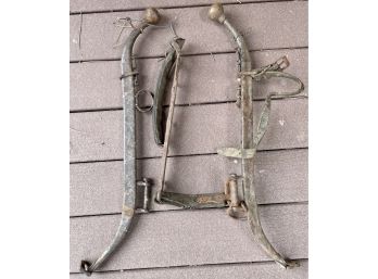 Pair Of Primitive Steel Harness Collar Horse Hames With Brass Ball Ends And Leather Attachments