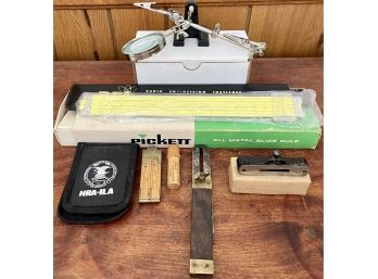 Vintage And Antique Collection - Tools, Rulers, Metal Level, Picket Metal Slide Rule, 3rd Eye Magnifying Glass