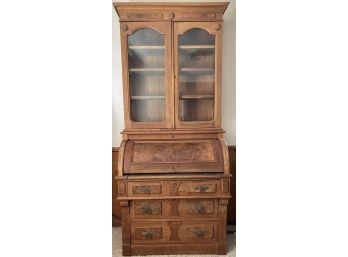 Antique Walnut And Burled Walnut Front Roll Top Desk With Drawers And Glass Upper Cabinet