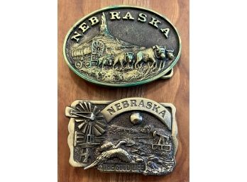 (2) Nebraska Belt Buckles - 1983 Ltd Premium Co 'The Good Life' & 1976 Heritage Mint Limited Solid Brass