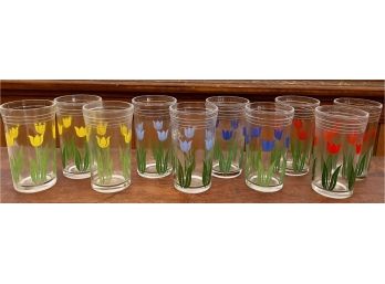 (10) 1940's Vintage Hazel Atlas Swanky Swigs Cheese Spread Jars - Assorted Color Tulips