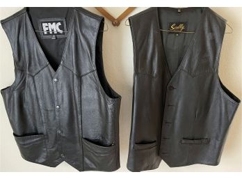 (2) Men's L Black Leather Vests - FMC Size 44 And Skully Size 44