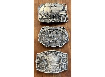 (3) Vintage Siskiyou Belt Buckles - Nebraska The Good Life 1981 - Grover Colorado 1988 - Denali Ntl Park 1982