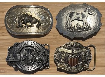 (4) Belt Buckles - Gold/silver Tone Horses, Greeley Stampede, & United States 200th Anniversary