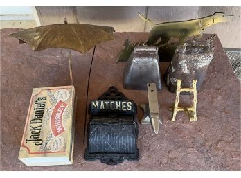 Cast Iron Match Holder With Jack Daniels Matches, Antique Metal Bells, Brass Dog Sculpture, And More