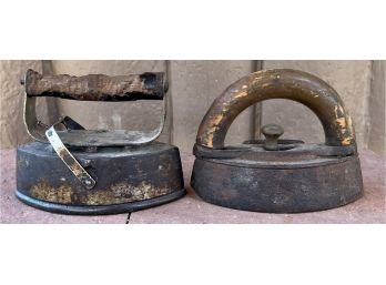 (2) Antique Sad Irons With Wooden Handles