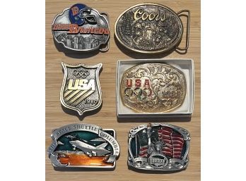 (6) Assorted Belt Buckles - Coors, Broncos, 1980/88 Olympics, Space Shuttle, And Liberty