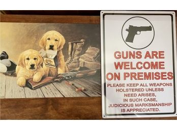 (2) Vintage Tin Advertising Signs - Wolfe's High Velocity 2000 And A Guns Are Welcome 2012