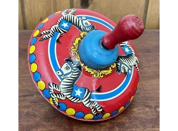 Vintage Zebra Ohio Art Co. Metal Spinning Top With Red Wood Handle