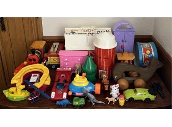 Collection Of Vintage/present Toys - Fisher-price Family Farm, Horseshoes, Wooden Train, Dinosaurs, & More